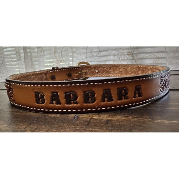 Vtg Wright Leather Hand Tool Western Name Belt Barbara Hippie Cowgirl Size 28 main image 10